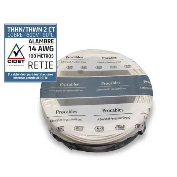 Alambre N14 50M Blanco Procables rollo x 100 mtos